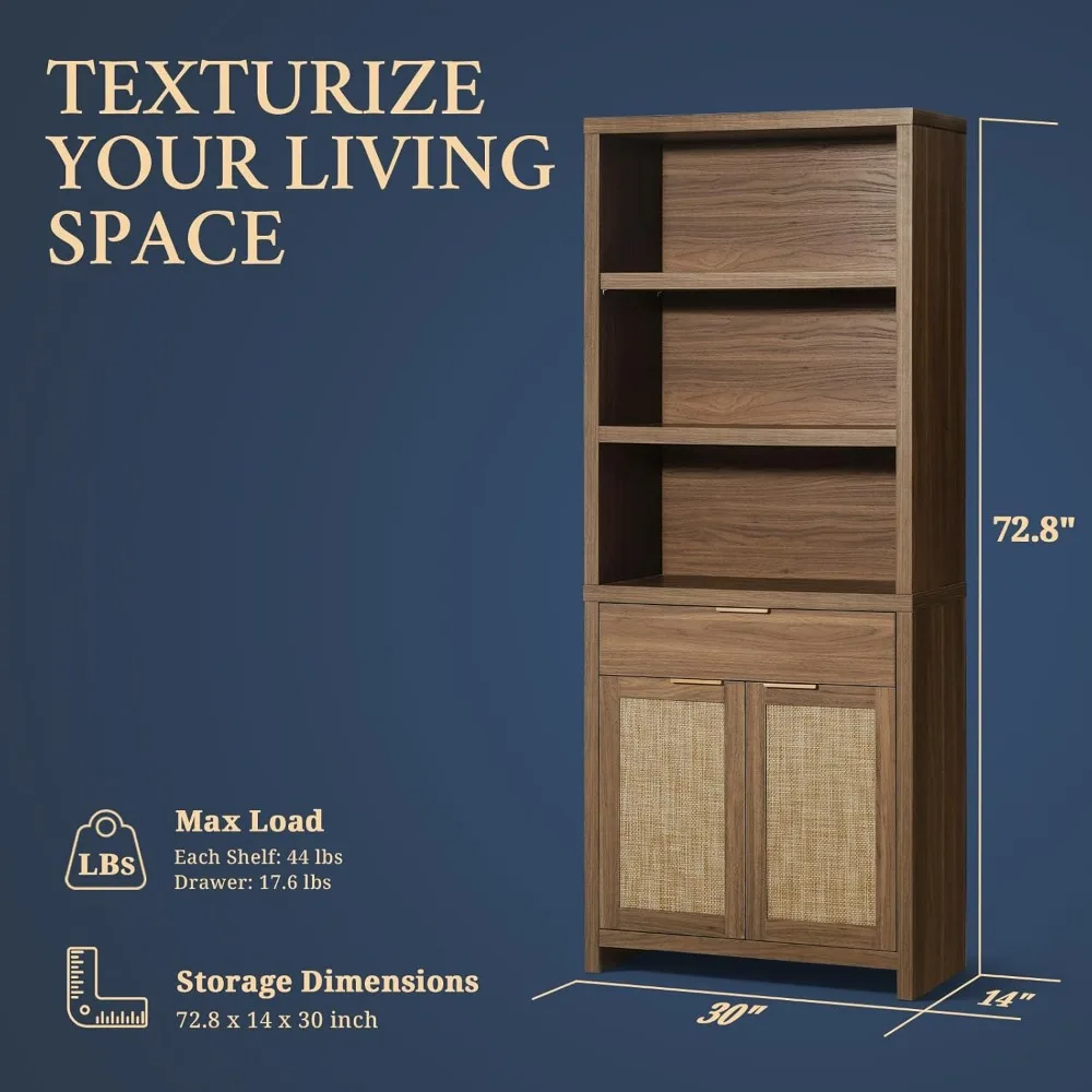 大きな籐製5段木製本棚（扉と引き出し付き、収納用）