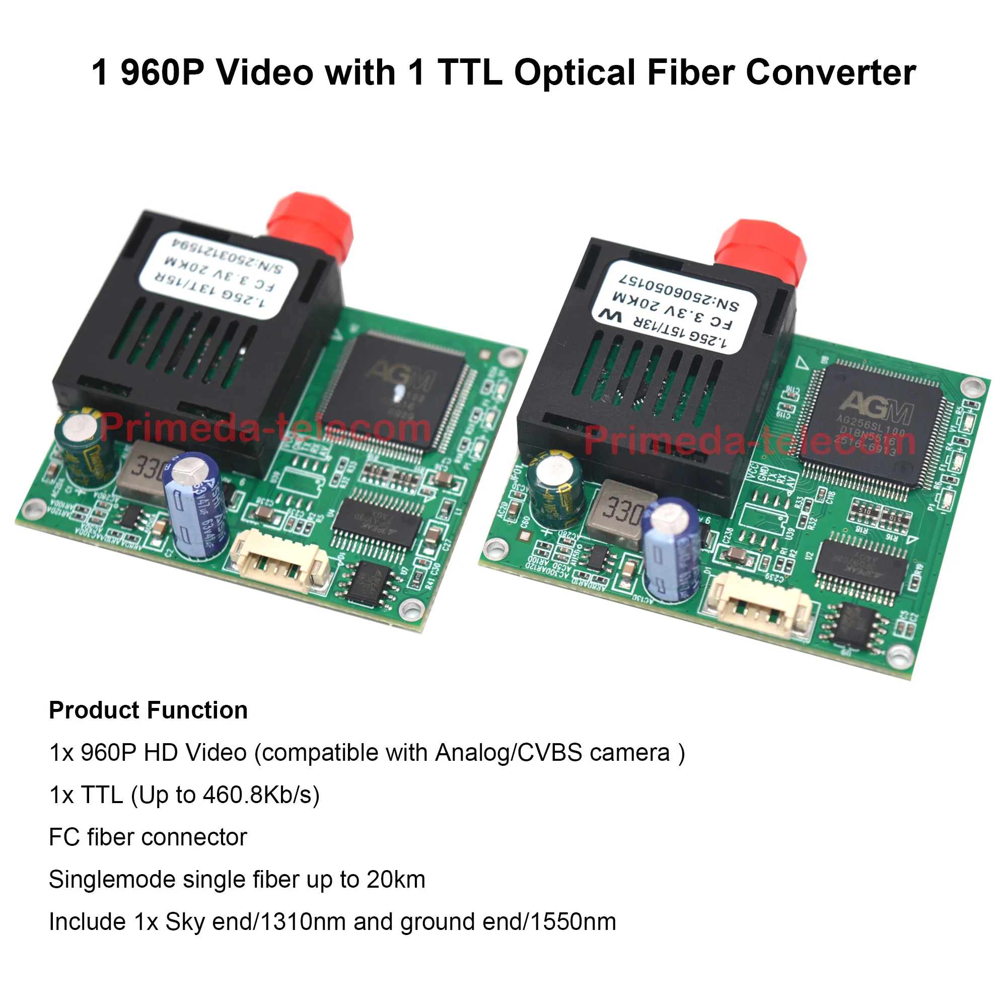 HD Video TTL over Fiber Converter Support UART SBUS 960P CVBS Analog Camera FC/UPC Singlemode Single Fiber Up 20Km 40Km 60Km