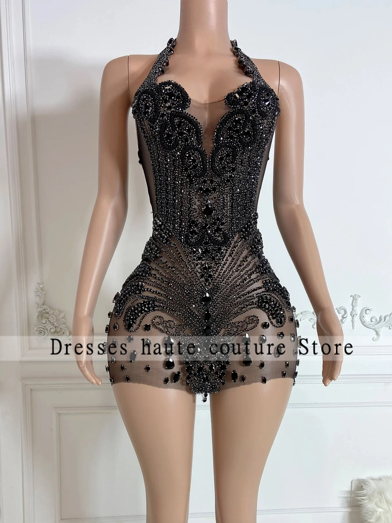 Brilhante preto rhineston mini vestidos de cocktail 2025 para menina negra frisado personalizado curto sereia vestido de baile vestido de baile