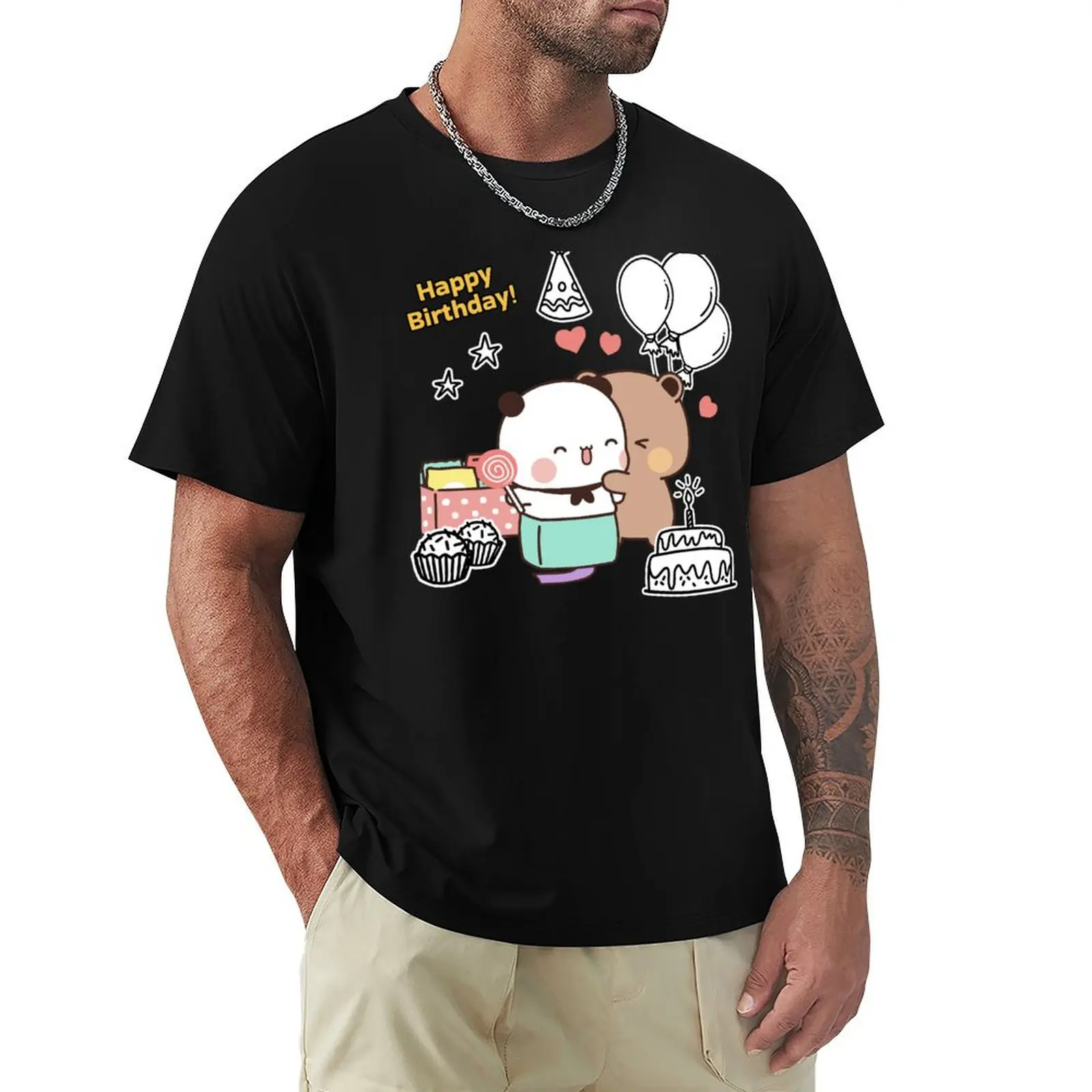 

Happy Birthday from DuDu Bear and BuBu Panda T-Shirt Non-Shrink Basic Cotton T-Shirt