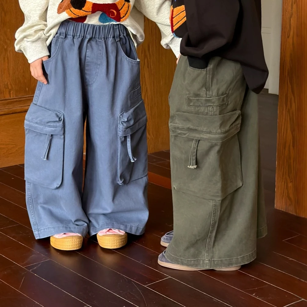 Boys Pants 2026 Spring and Autumn New Children's Wear Boys and Girls Foreign Style Solid Color Big Pocket Wide Leg Overalls