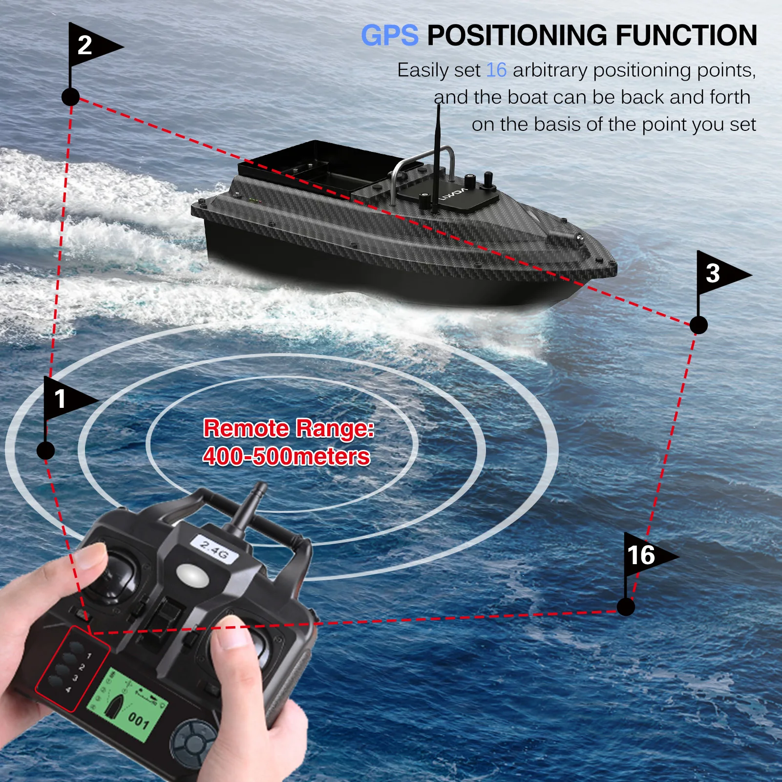 قارب طعم صيد GPS قارب طعم صيد مع حاوية طعم كبيرة قارب طعم أوتوماتيكي مع نطاق بعيد 400-500 متر