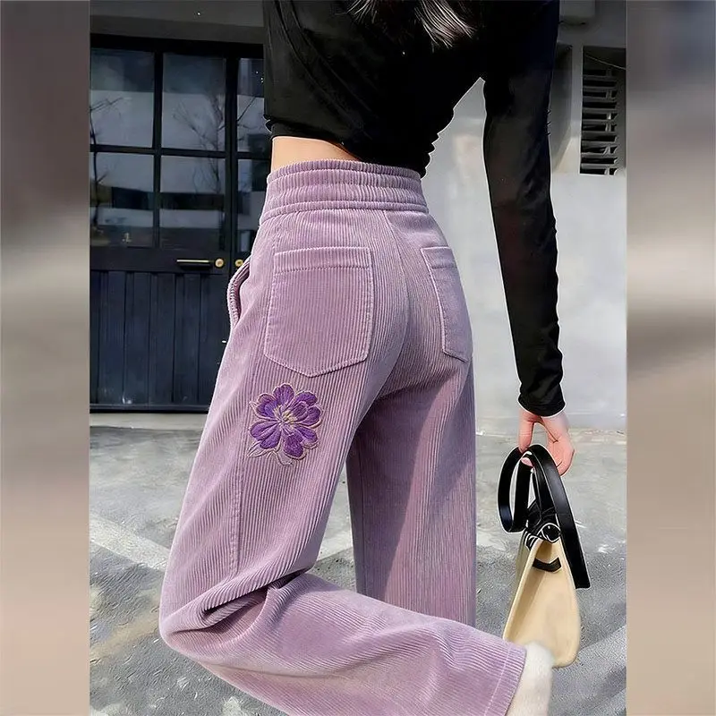 Purple Printed Straight Wide-leg Pants Female 2027 Spring New High-Quality Casual Trousers Women Retro Joker Mop Pants Ladies