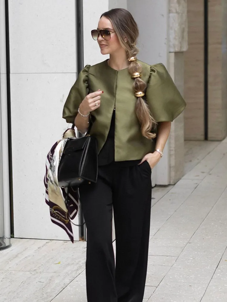 

Elegant Short Puff Sleeve Cropped Top Women Glossy Satin Solid Color Shirt 2025 Autumn Chic Round Neck Loose Commuter Blouses