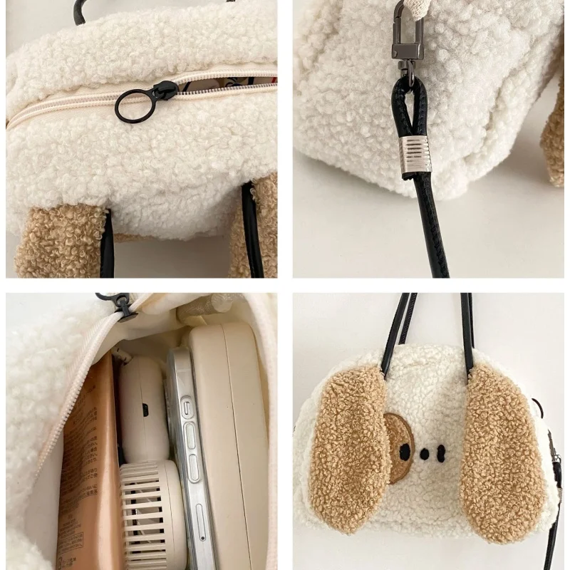 Bolso de mano de felpa con orejas grandes para cachorros, bolso de hombro de perro lindo, monedero de tela de plumón de cordero Artificial, Bolso pequeño, monedero Kawaii, billetera