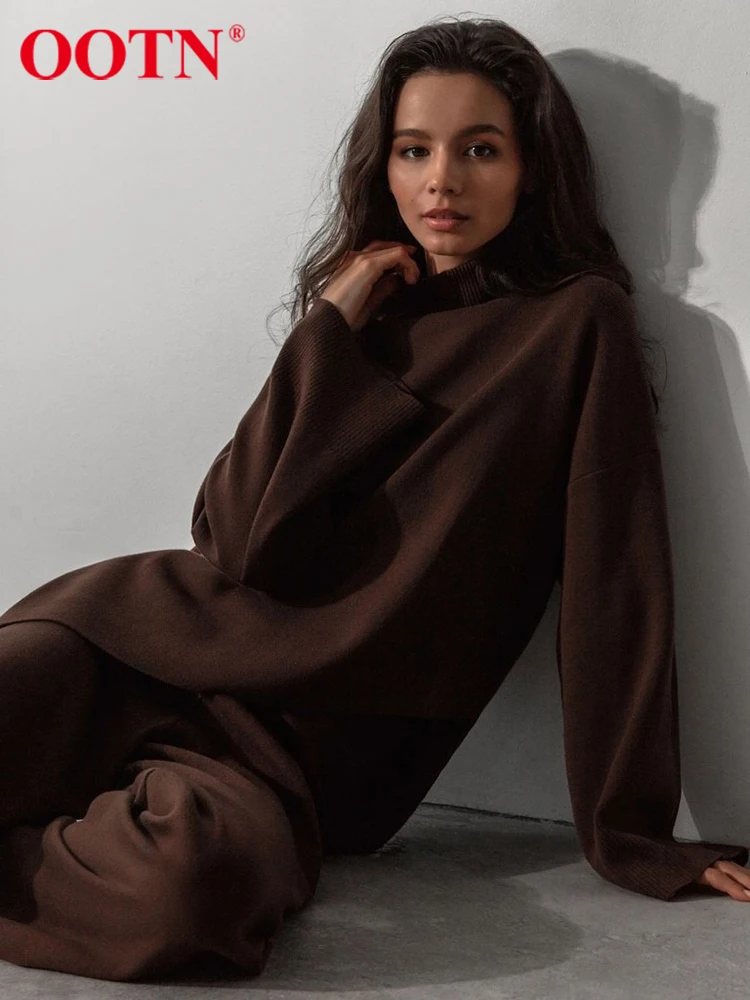 OOTN Elegant Brown Pant Sets Turtleneck Irregular Sweater Outfits 2 Piece High Waist Wide Leg Pant Suit Women 2024 Autumn Winter