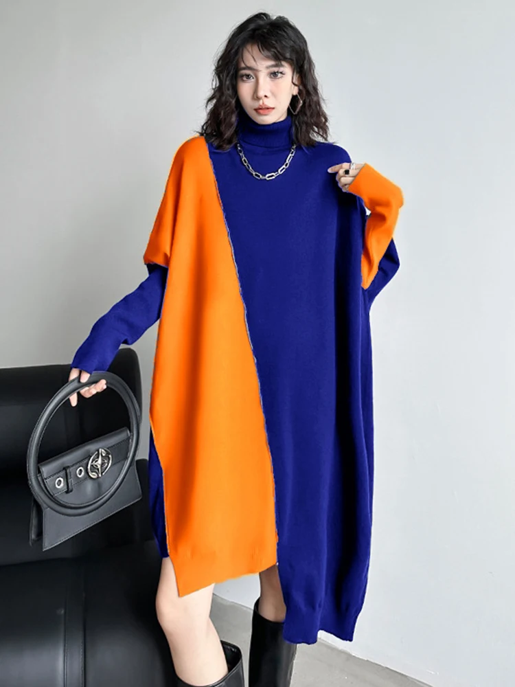 [EAM] Orange Color-block Big Size Knitting Sweater Turtleneck Long Sleeve Women Pullovers New Fashion Spring Autumn 2024 1DH7156