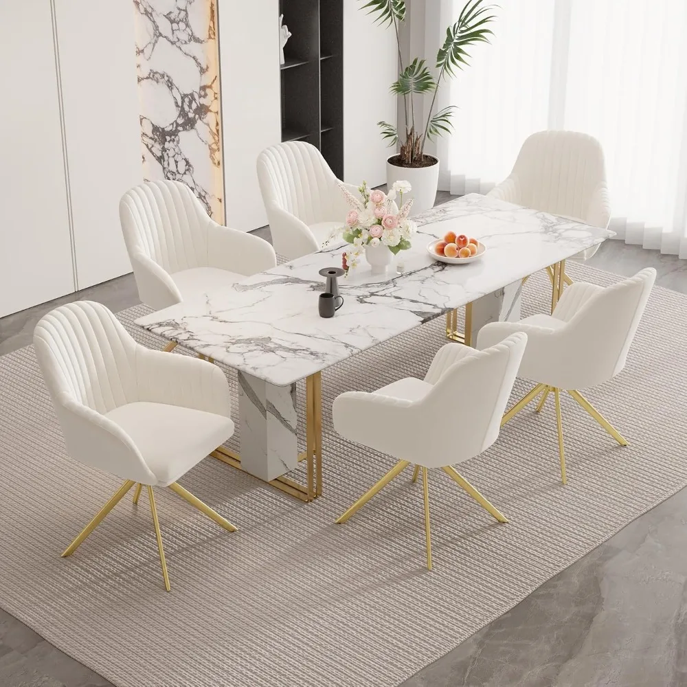 360° Swivel Dining Chair Set 6, Velvet Armrest Chair, Mid Century Kitchen Chair Gold Metal Legs White, Custom