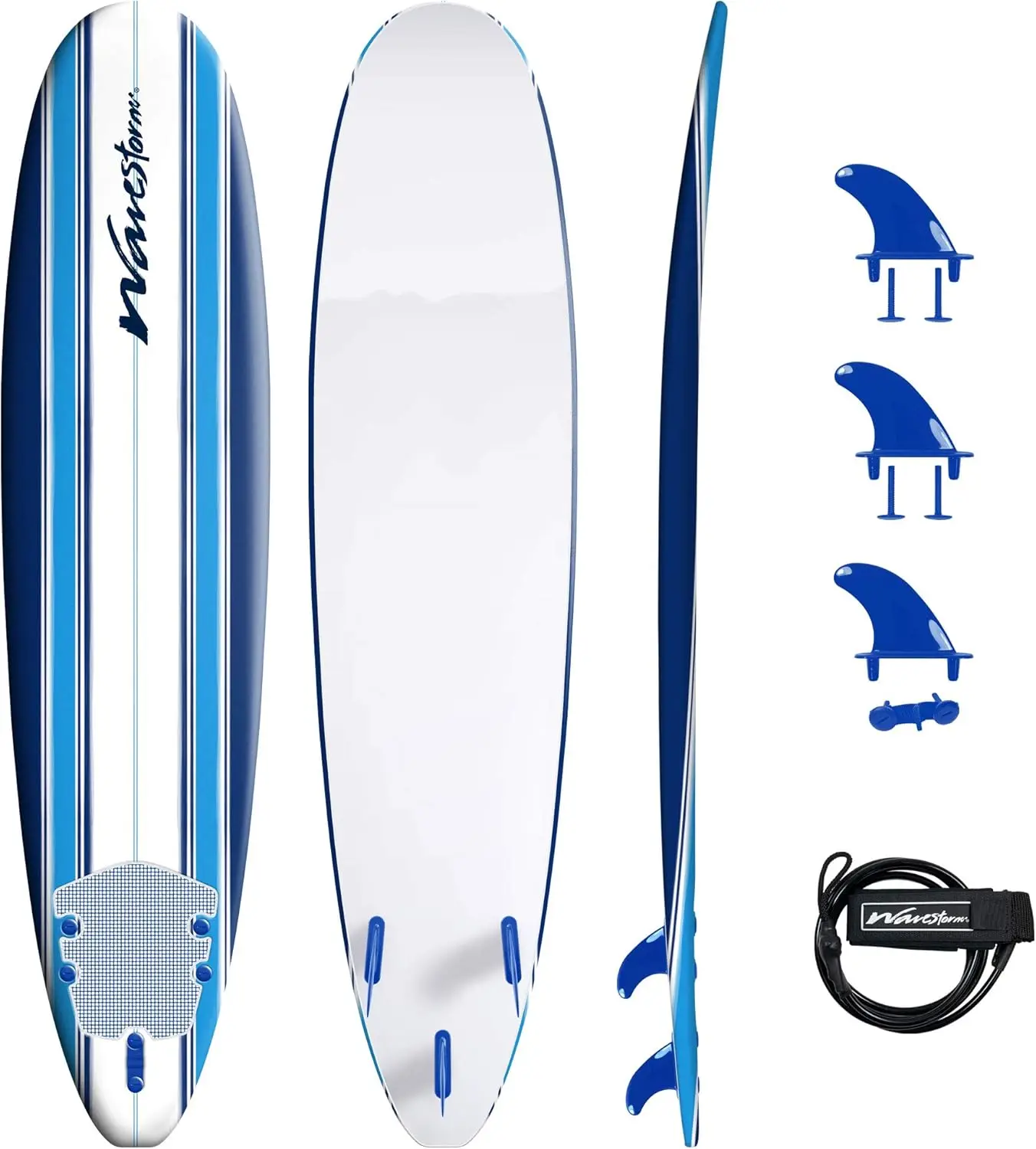 

8-foot classic longboard surfboard, Color-Blue Stripes， Foam material, suitable for beginners