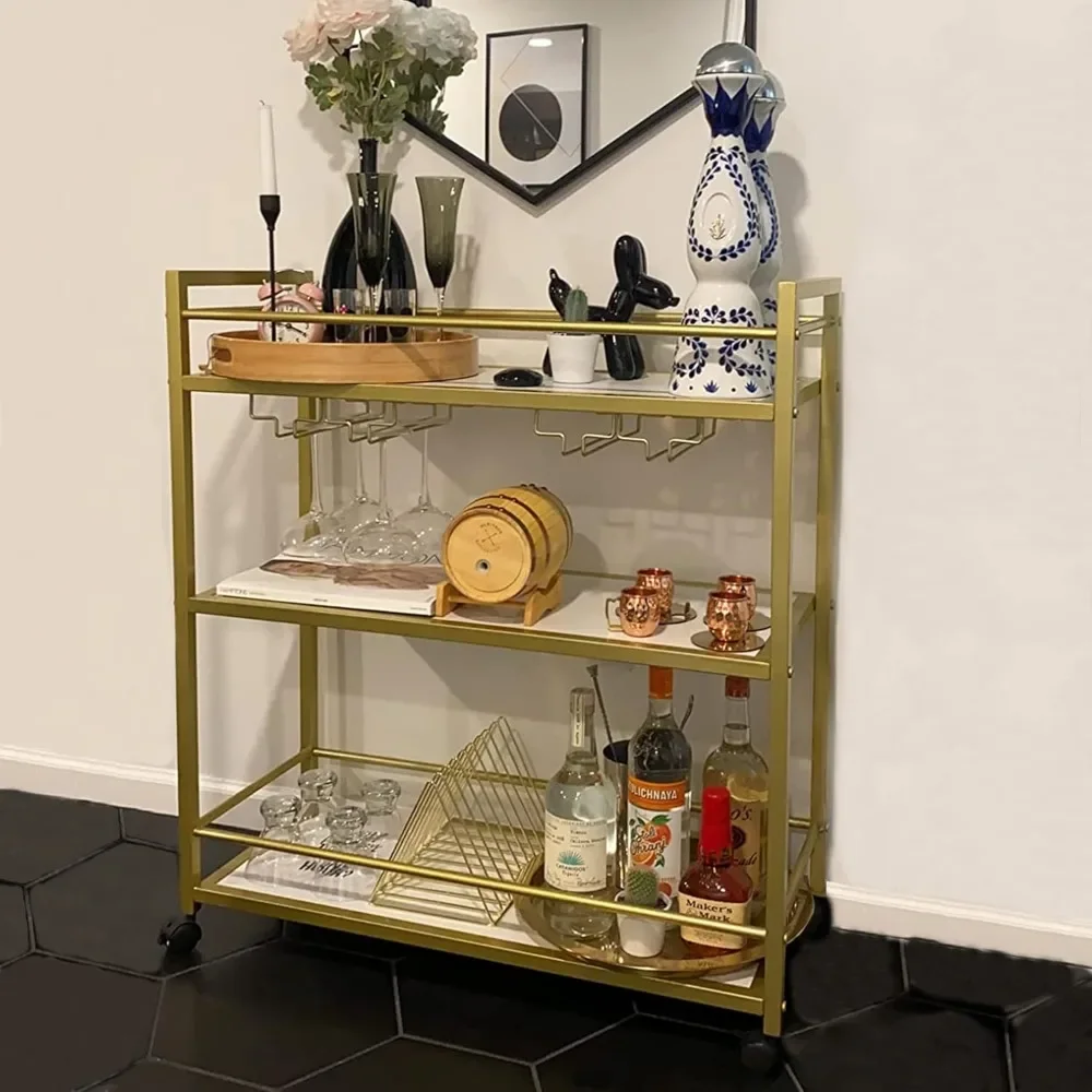 Gold Bar Cart with 3 Shelves, Wine Glass Bottle Storage Bar Serving Cart with Wheels for Kitchen Living Room (31.5”W, White)