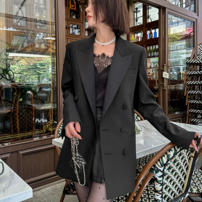 Office Lady Black Blazer Coat  Women 2024 Spring Satin Notched Collar Double Breasted Lazy Style Middle Long Women\'s Suit Jacket