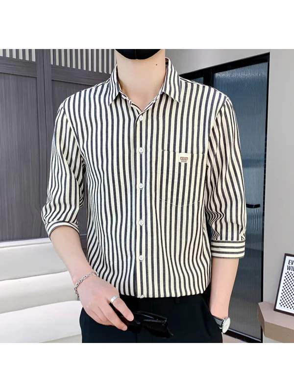 

Summer Men's Casual Seven-Quarter Sve irt Trendy Strip Pattern Stand Fit Polyester Fiber Non-iron Treaent Cleanfit