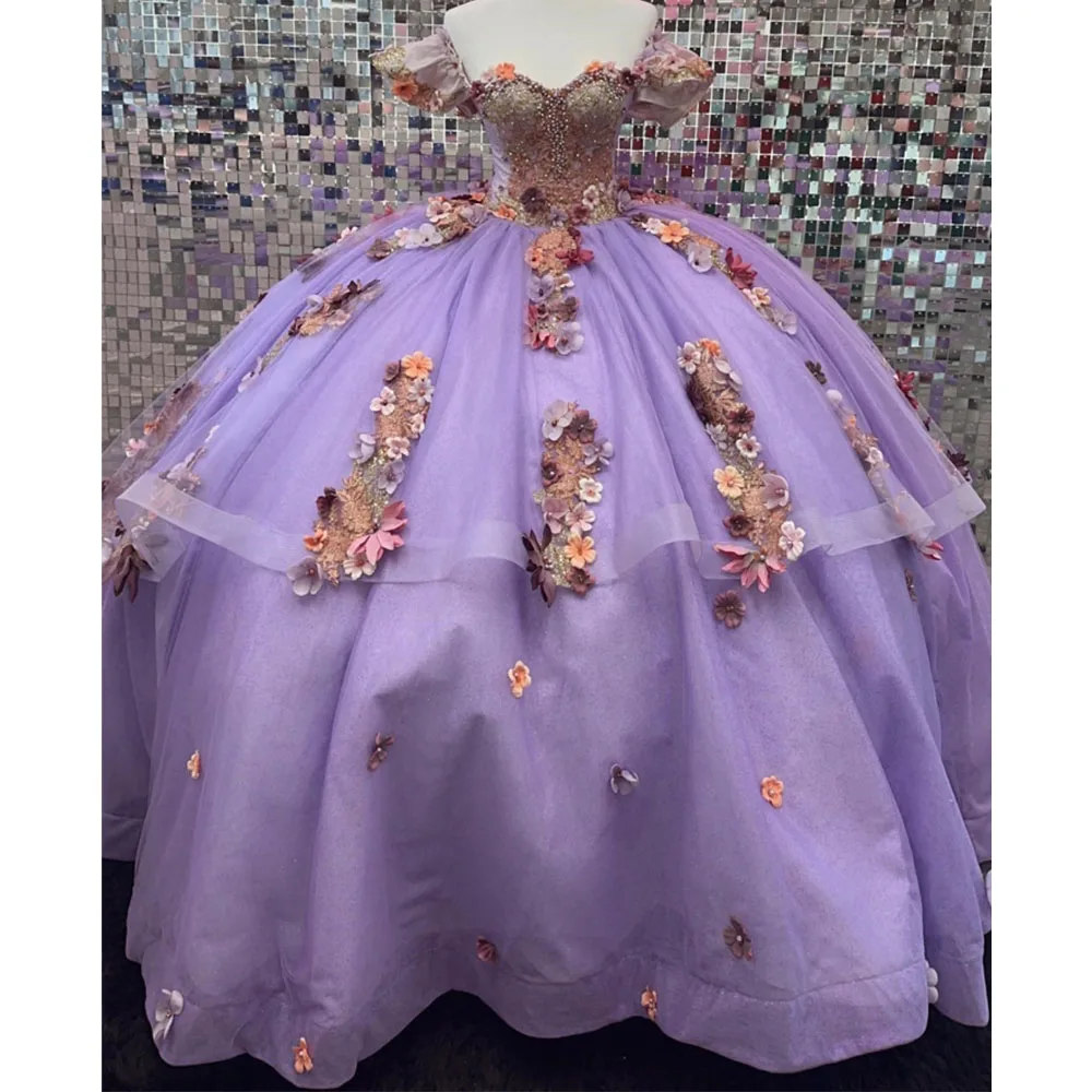 Lilac Quinceanera Dresses Puffy Ball Gown Sweet 16 Formal Off the Shoulder Lace Appliques Birthday Princess Party Gowns