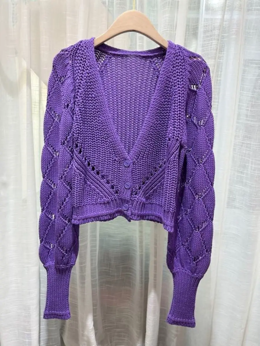 

Women Purple Knitted Cardigan Hollow Out V-Neck Single Breasted Long Sleeve Casual Female Sweater