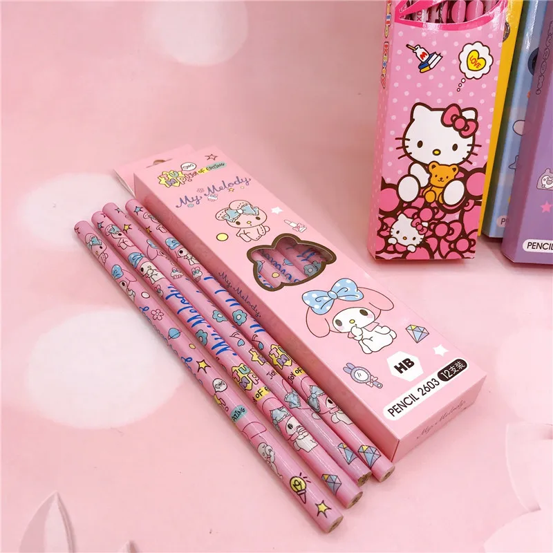 12Pcs Sanrio Pencil Cute Hello Kitty Kuromi Cinnamoroll My Melody Student Stationery School Supplies Student Prize Pencil Gifts