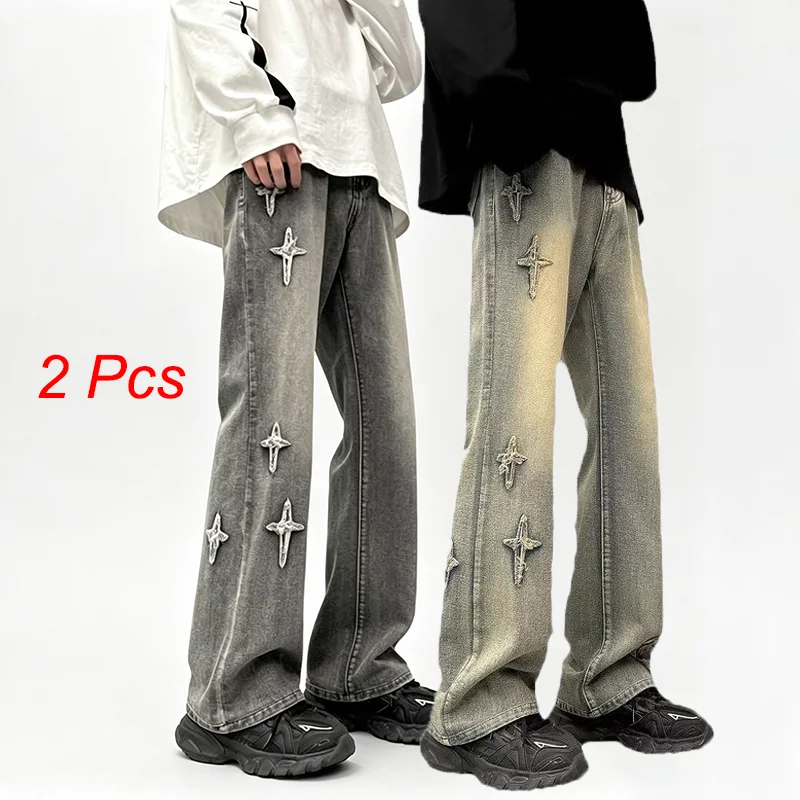 2Pcs Korean Retro Micro Flared Straight Leg Pants For Men Fashionable Star Design Pattern Casual Wide Leg Pants Grey Jeans Pants