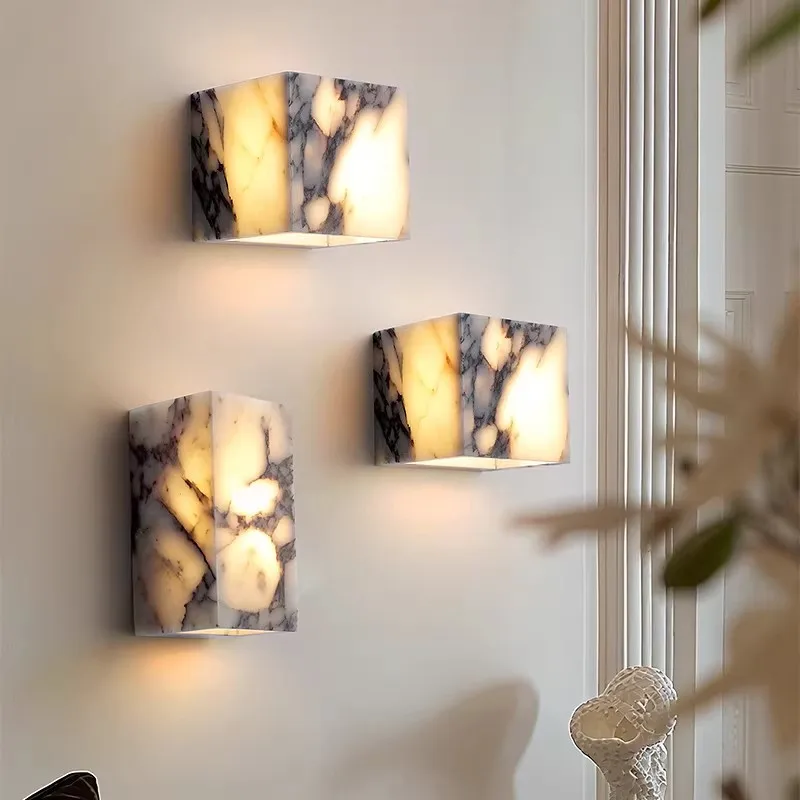 

Wabi-sabi Marble Wall Lamps Rectangle Square Stone Light Hallway Entrance Bedroom Bedside Living Room Background Wall Lights LED