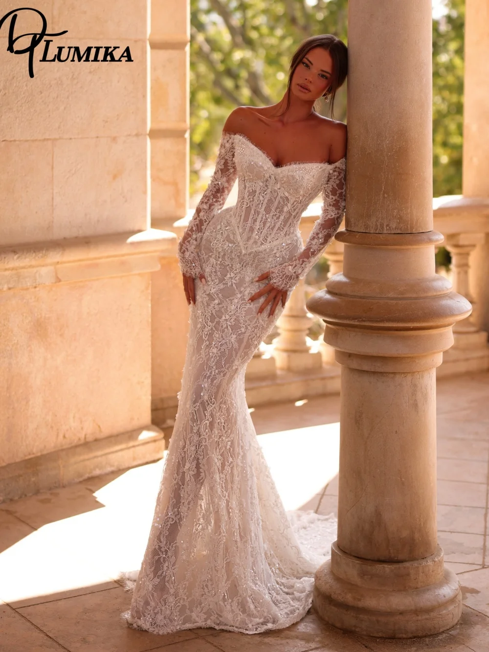 Elegant Lace Wedding Dress Off The Shoulder Long Sleeve Corset Bridal Gown Sparkling Beaded Applique Customized Vestido De Novia