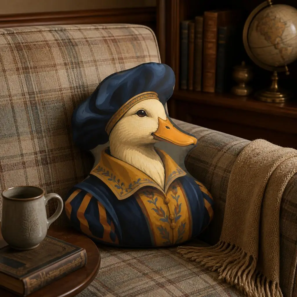 Renaissance Duck Portrait Pillow Museum Art Cushion Quirky Bird Throw Pillow Plush Stuffed Sofa Decor Gift for Art Lovers