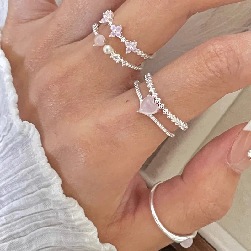 

925 Silver Geometric Pink Heart Flower Zirconia Opening Adjustable Rings for Women Fine Jewelry Cute Accessories