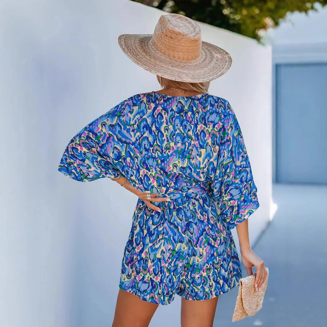 Monos Para Mujer Cortos V-neck Fashion Bohemian Loose Printed Beach Vacation Jumpsuit Womens Summer New Bat Sleeve Lace Jumpsuit