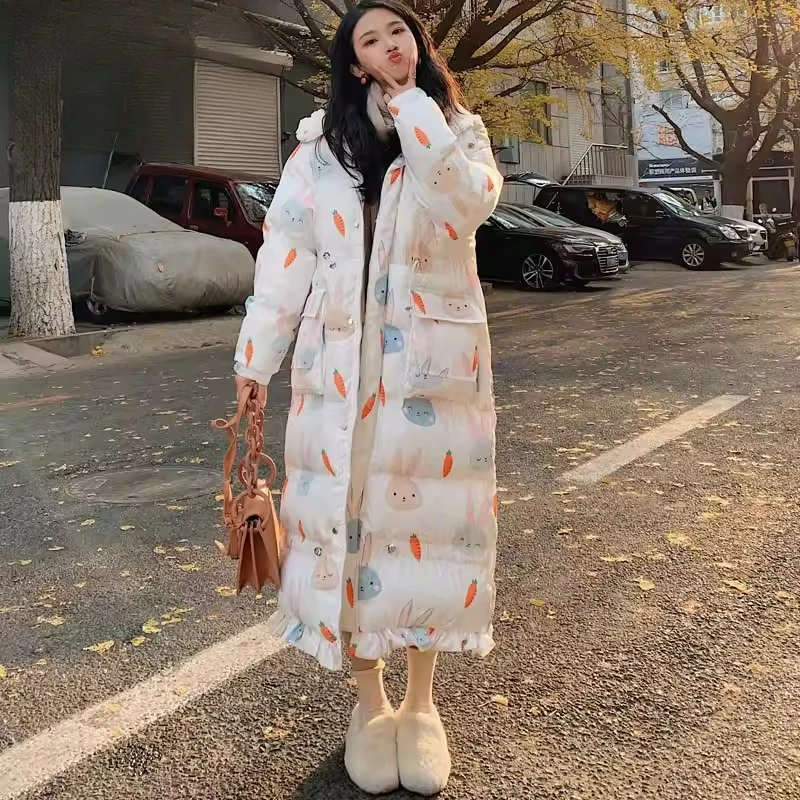 2025 겨울 신상 귀여운 토끼 귀 다운 재킷 여성용 두꺼운 양털 혼방 롱 패딩 코트