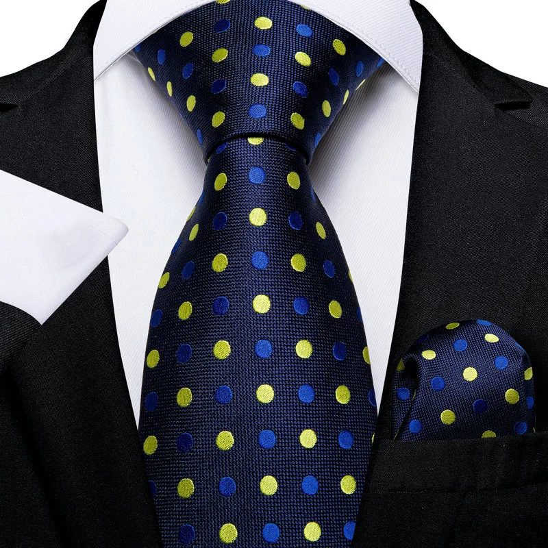 VerveRow Men Navy Polka Dot Tie with Pocket Square, Fashion Dots Pattern Necktie Set Formal Business Wedding for Gentlemen