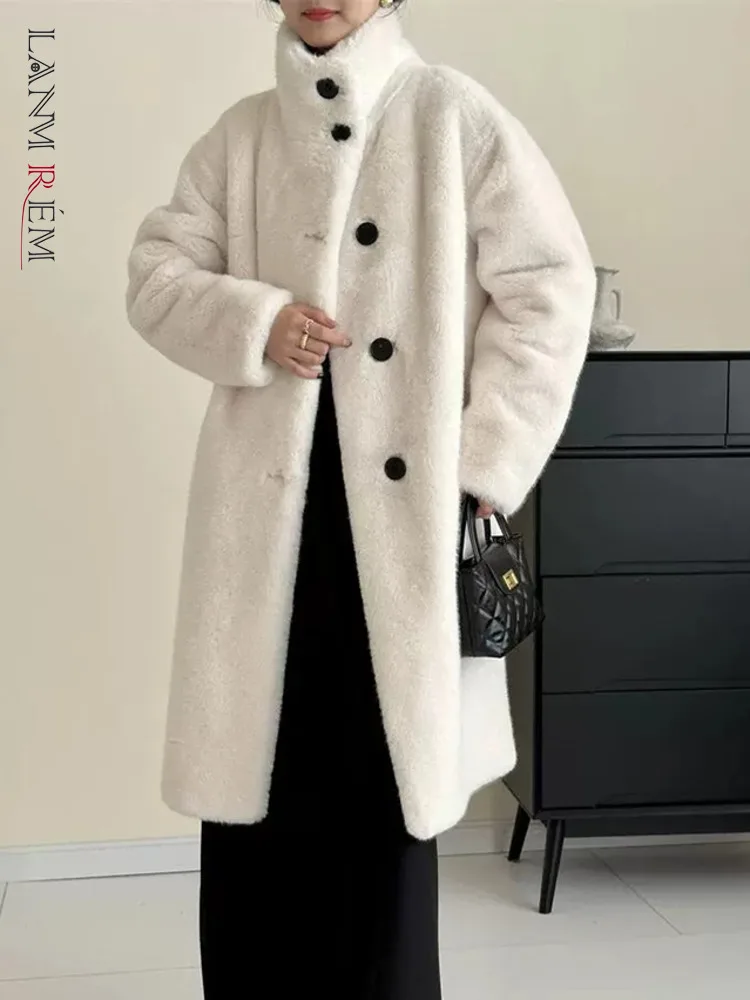 LANMREM Fashion Imitation Mink Fur Women's Coat Stand Collar Single Breasted Solid Color Mid Length Coats 2024 Winter New 2Z2626