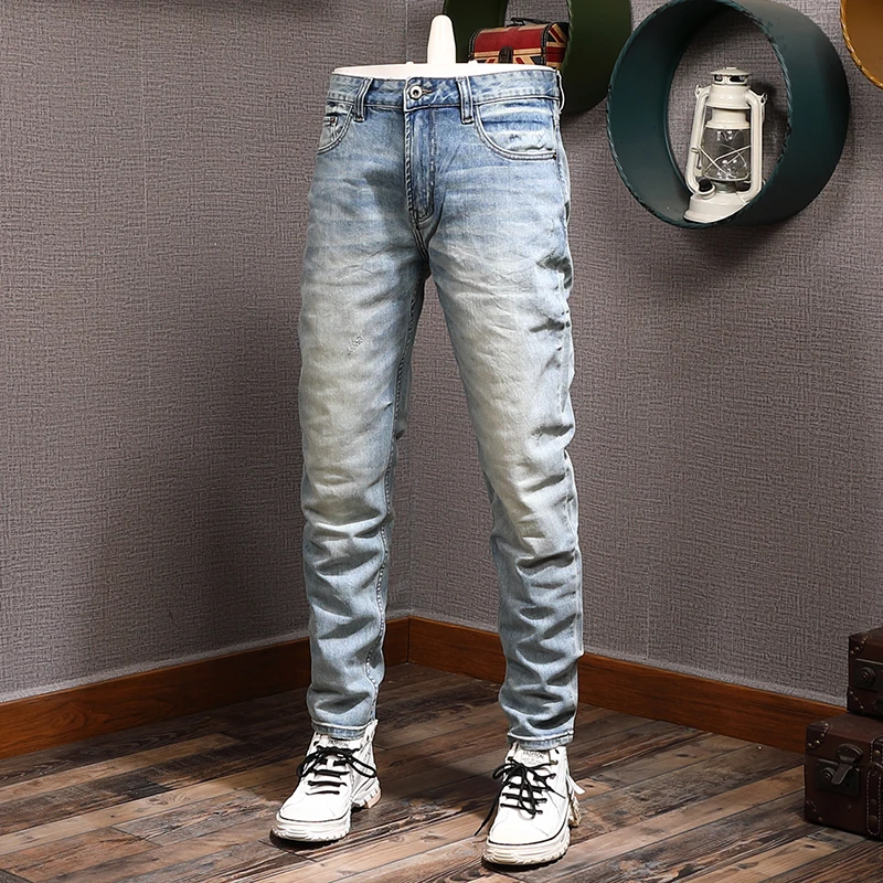 Italian Fashion Men Jeans Retro Light Blue Elastic Slim Ripped Jeans Men Stretch Trousers Vintage Designer Denim Pants Hombre