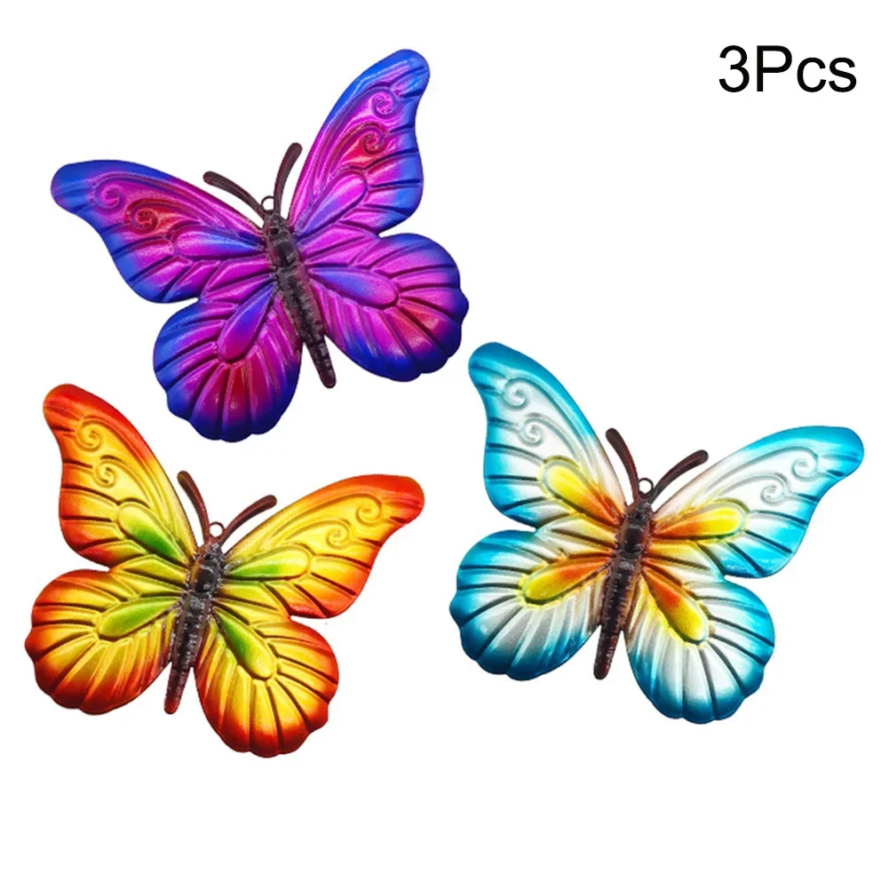 3Pcs Metal Butterfly Garden Hanging Wall Fence Ornament Metallic Butterflies  For Outdoor Garden Patio Yard Fence Decor