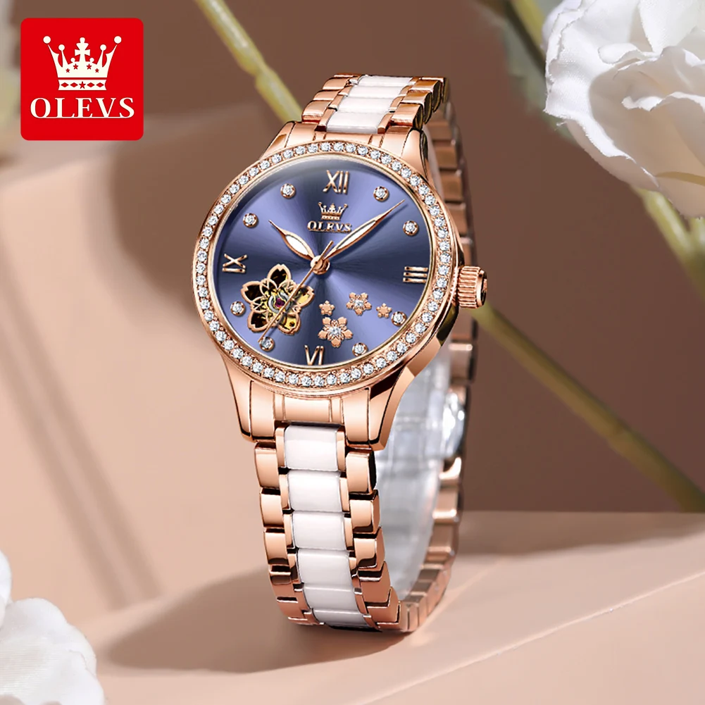 OLEVS Ladies Watch Skeleton Mechanical Wristwatch Waterproof Super Luminous Ceramics Watches For Woman Luxury Original Brand