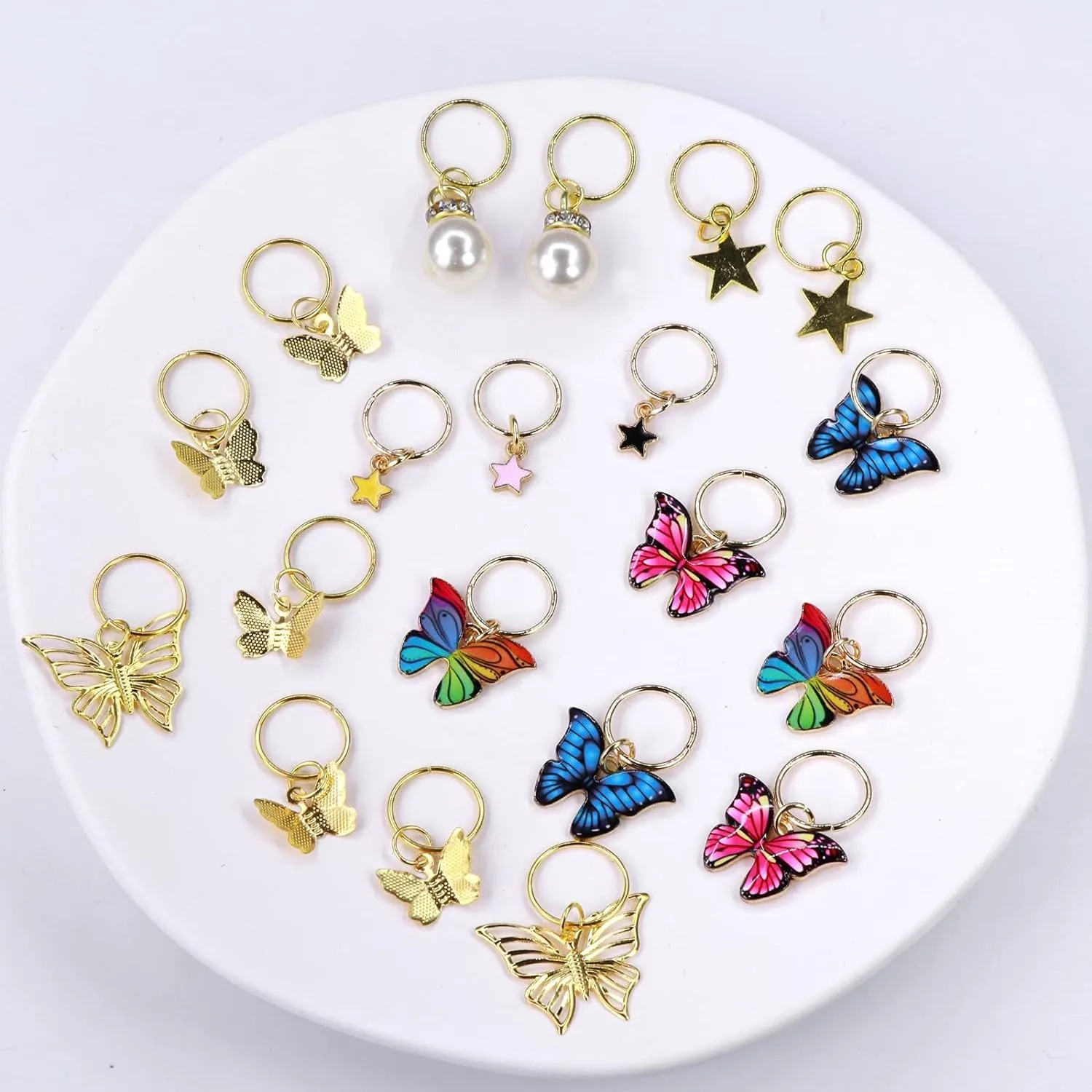 20Pcs Butterfly Braid Clips Crystal Dreadlock Hair Accessories Colorful Butterflies Pendant Charms Pearl Shiny Hair Accessories