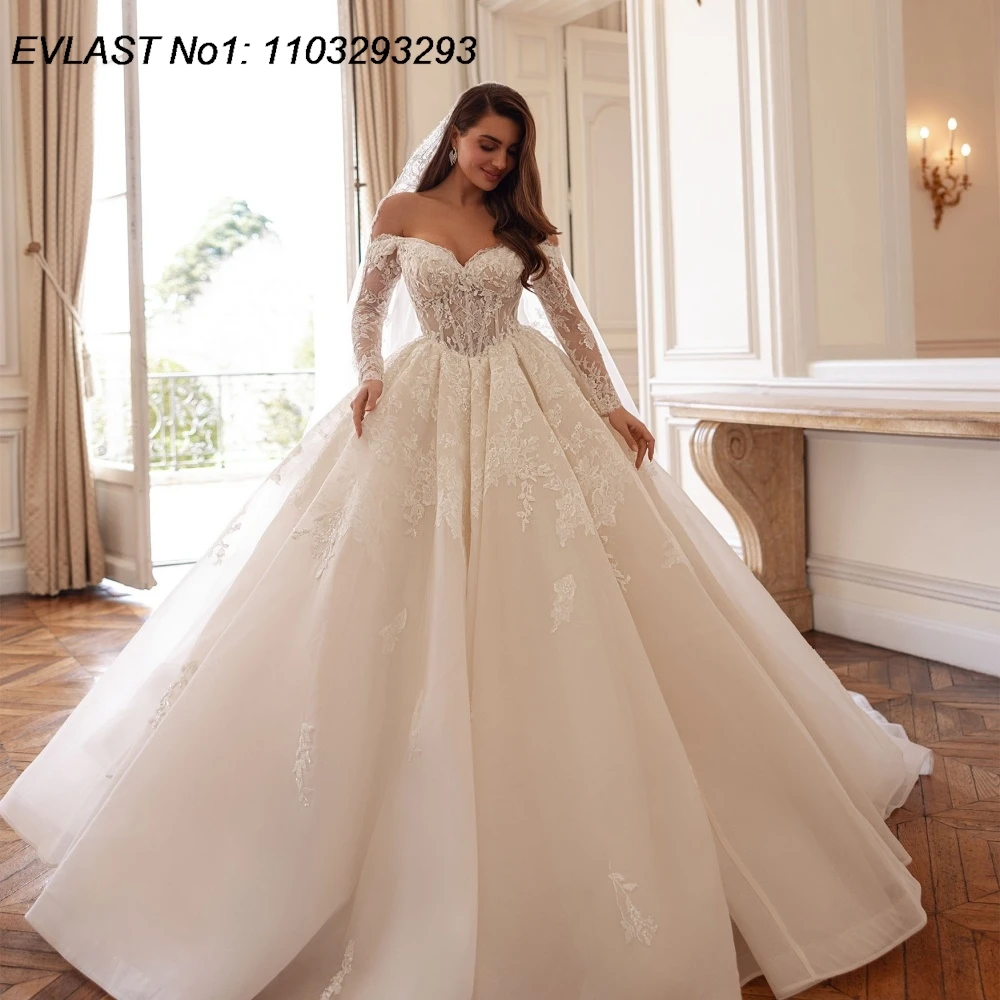 

EVLAST Customized Luxury 2026 A Line Long Sleeve Wedding Dress Lace Applique Beaded Crystal Bridal Gown Vestidos De Novia TBD172