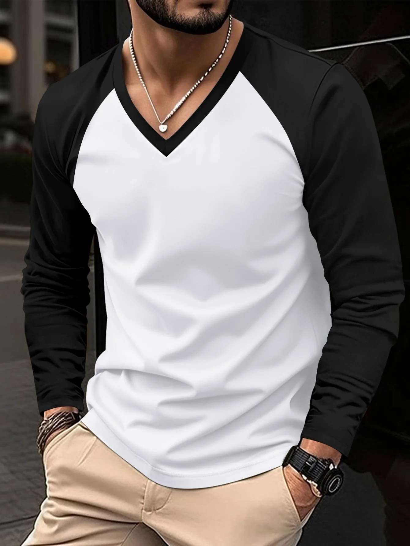 New Spring Autumn Style Simple Outdoor Sports Fashion Trendy Versatile Color Block V-neck Long Sleeve Men's Top