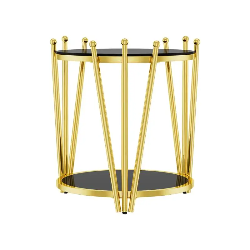 طاولة ذهبية فاخرة حديثة مقاس 19.69 بوصة، تصميم تاج من الفولاذ المقاوم للصدأ، طاولة جانبية مستديرة من الزجاج المقسى باللون الأسود لغرفة المعيشة