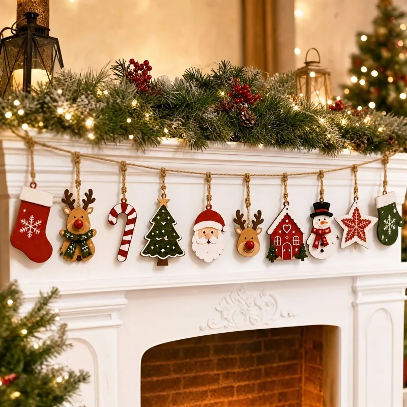 10 Stück Weihnachts-Holzdekoration, Weihnachtsmann, Rentier, Weihnachtsbaum, Sterne usw., Winter-/Weihnachts-Hausparty-Dekoration