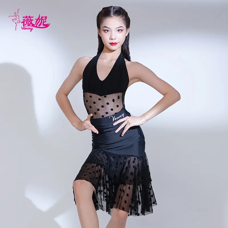 

Vennystyle Latin Dance Dress for Girls, 2-Piece Top and Skirt Set, Fashionable Professional Standard Training Wear