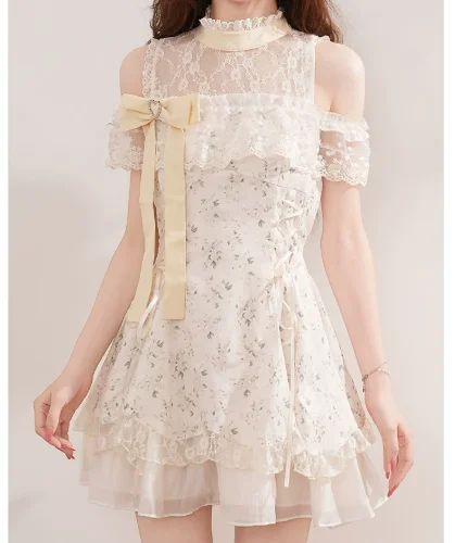 Summer New Sweet Japanese Lace Slash Neck Floral Dress Women Fashion High Waist A-line Versatile Age Reduction Fairy Dresses