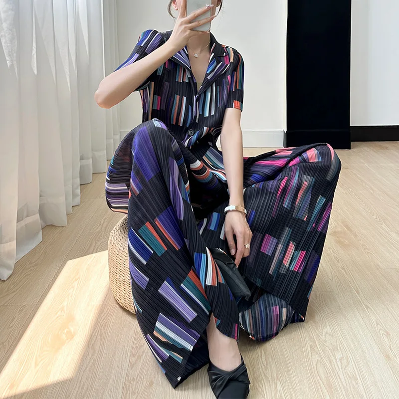 

Miyake Pleated Fashion Printing Casual Set Women's 2023 Summer New Short Sleeve High Waist Wide Leg Pants Two Piece Set Fashion