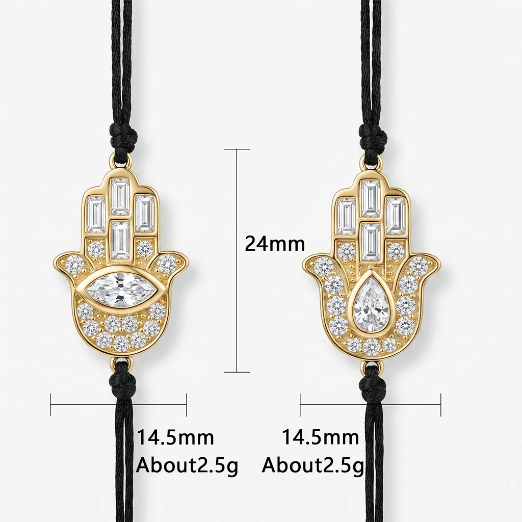 Moonmory Original 18K Vergoldetes Messing Hamsa-Hand Armband mit Marquise-, Birnen- und Baguette-Zirkonia, Schwarz, Verstellbares Kordelarmband mit Schutzauge – Detail 7