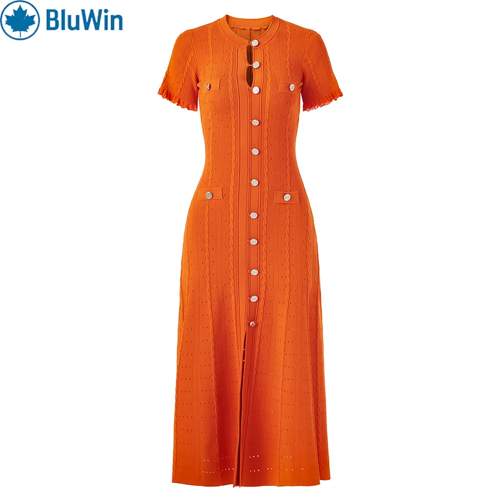 

BluWin Button Down Pointelle Knit Midi Dress Women Short Sleeve Crew Neck A Line Elegant Summer