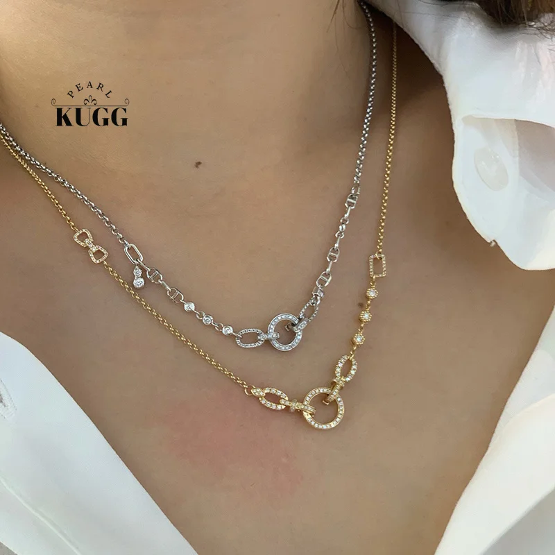 KUGG 100% 18K White/Yellow Gold Necklace Luxury Real Natural Diamond Universal Clasp Necklace for Women High Party Jewelry