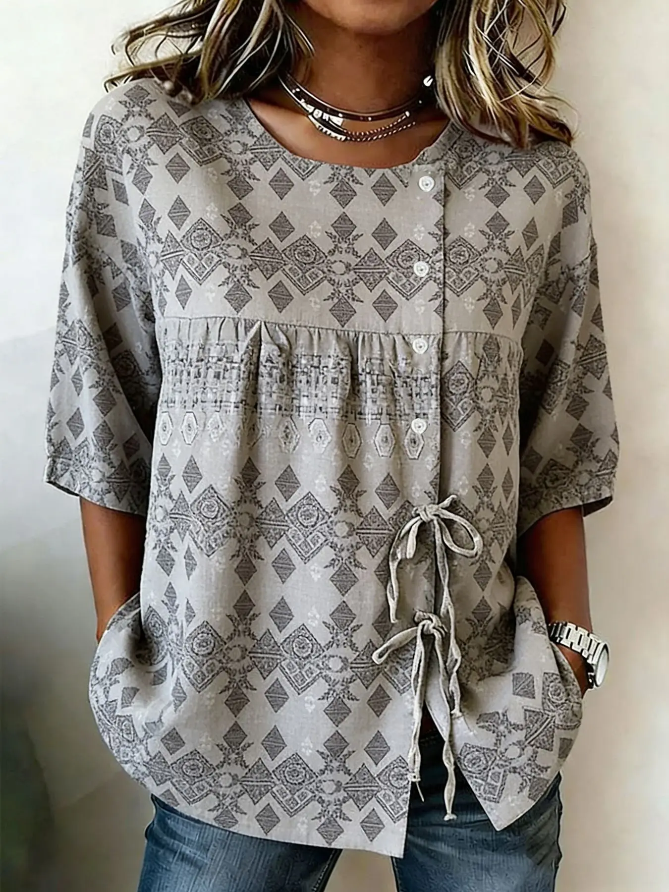 

Women's Boho Geometric Print Casual Blouse, Button Tie Front Loose Top for Spring Summer Daily Wear