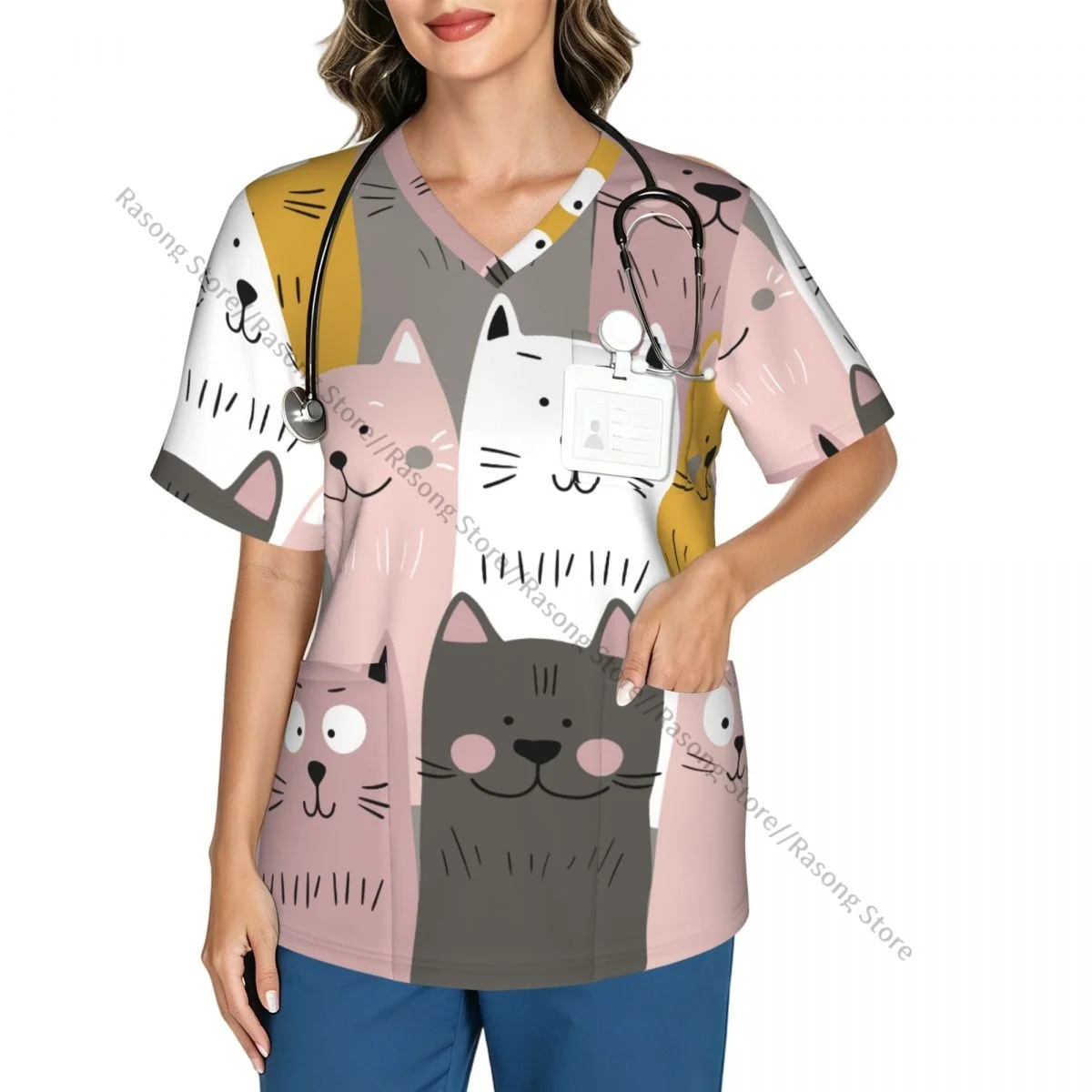Women V Neck Scrub Top Cute Kitten Scandy Cats Short Sleeve Nurse Hospital Uniforms Female Spa Beauty Salon Working Clothes