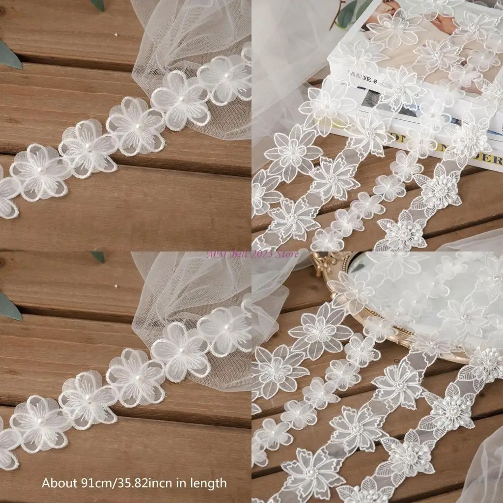 

49ME 1 Yard Handmade Flower Embroidered White Lace Trim Ribbon Pearl Beaded Applique Wedding DIY Garment Sewing Accessories