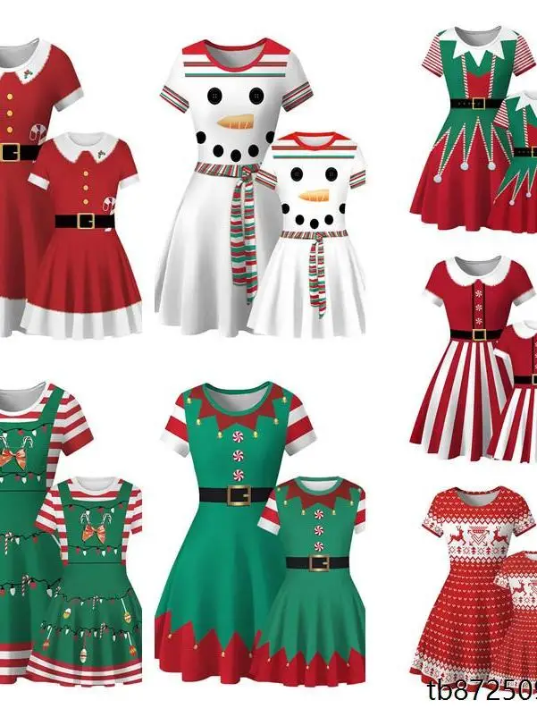 

Fashionable Christmas Theme Print Dress Cute Waist Cinching A-Line Skirt Women's Clothing Short Sleeve Milk Silk Polyester Fiber