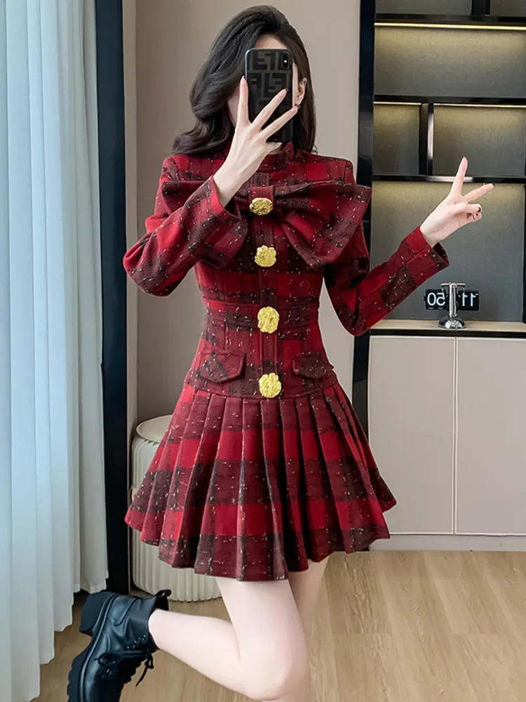 2024 Autumn/Winter New High End Light Luxury Design Mini A Line Skirt Light Mature Style Big Bow Short Checkered Woolen Dresses