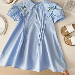 Girls Casual Dresses Floral Embroidered Lapel Waist Puffy Sleeve Dress Girl Clothes for 2 To 7 Years Kids Clothes Girls