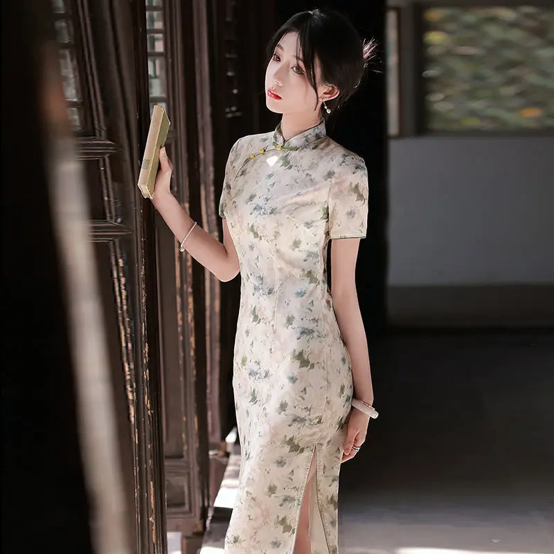 2024 New Women Green Floral Cheongsam Vintage Dress Short Sleeve Dresses Chinese Style Costume Slim Improved Qipao S To XXL