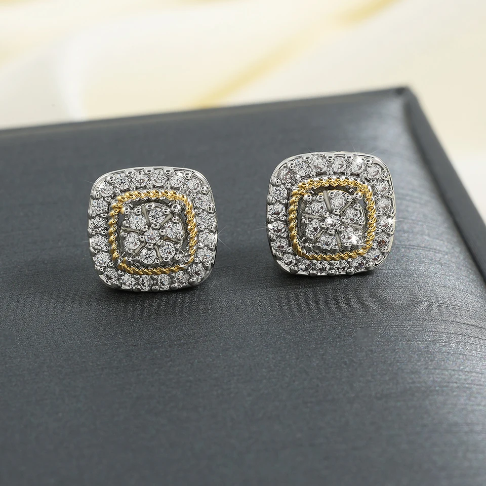 Uilz Square Shiny Zircon Stud Earrings For Women Gold And Silver Mixed Color Removable Earring Bride Wedding Party Jewelry